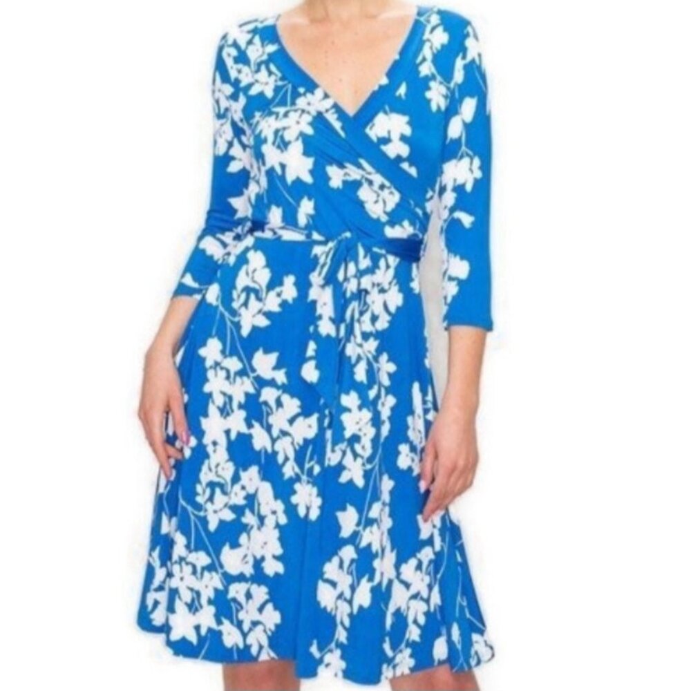 Janette Fashion Blue White Floral Faux Wrap Knee Length Dress